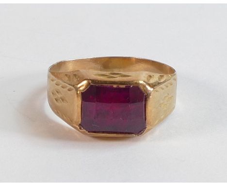 18ct gold ruby set ring, stone measuring 8mm x 7mm.  Ring size N.  Not hallmarked but tests as 18ct gold.  Probably a natural