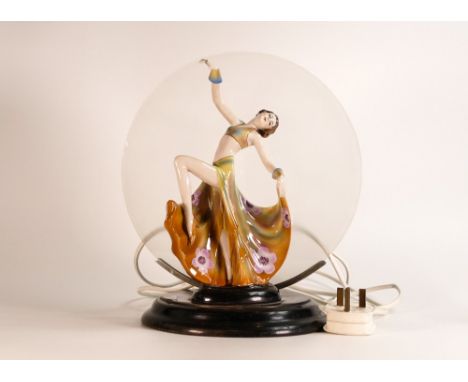 1940's Art Deco table lamp, porcelain female dancer with frosted glass panel behind in chrome fitting. Height: 30cm Tarnish t