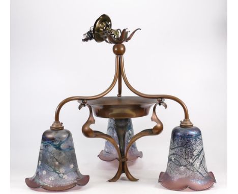 Art Nouveau large Copper 3 branch ceiling lamp with swirled blue glass shades, approx. diameter 45cm 