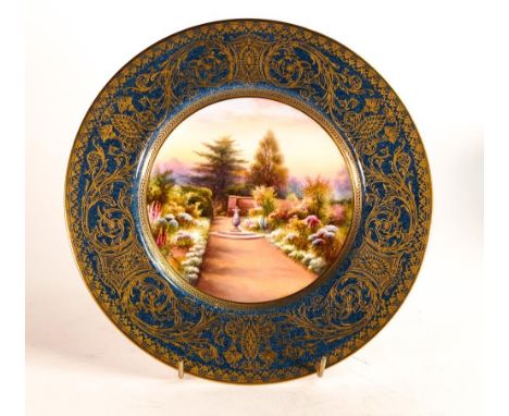 Royal Worcester gilded cabinet plate, hand painted with garden &amp; sundial scene "Claremont looking south" by R Rushston, d