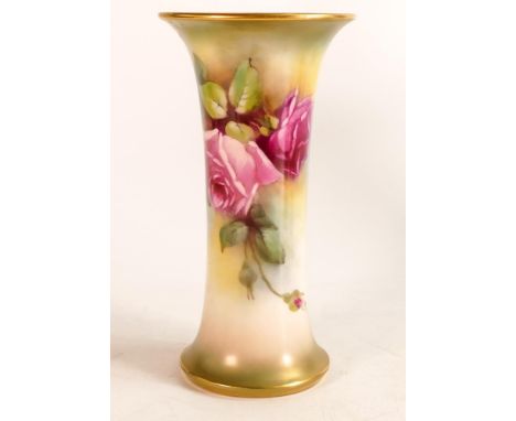 Royal Worcester hand painted Blush Ivory trumpet vase. Painted with Rose sprays by M Hunt. Shape no.923, green mark. Height: 