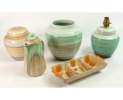 A collection of Shelley green banded ware to include ginger jar 20cm (lid missing), lamp base 16cm, fawn &amp; yellow ginger 