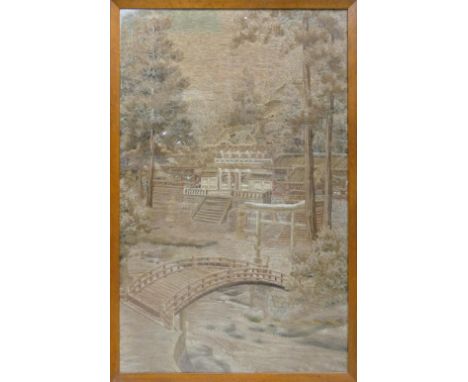 19th century Oriental long stitch very large maple framed tapestry/embroidery.  Measuring 144cm x 89cm excluding glazed frame