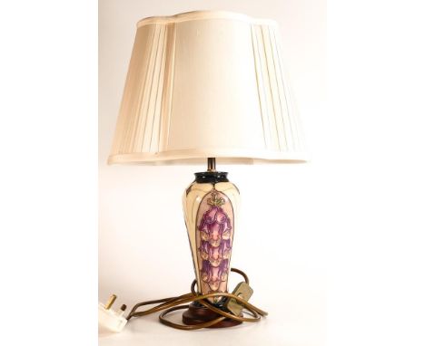 Moorcroft Foxglove pattern lamp base with original shade. Height of lamp excl. fitting: 23cm 