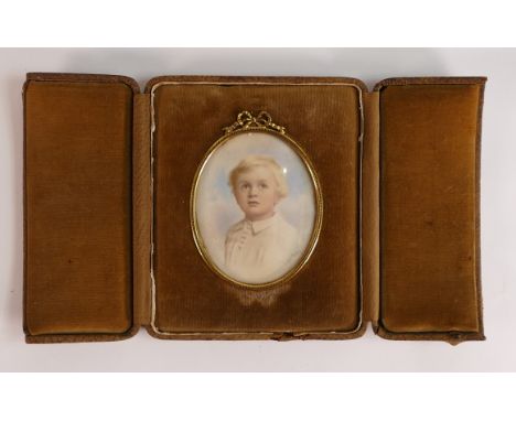 Early 20th century miniature portrait. Half-length watercolour of a boy in white shirt. Indistinctly signed to lower right. H