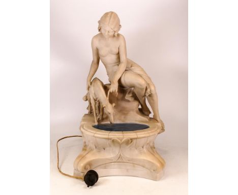 19th century carved marble Art Nouveau figure of a scantily clad semi nude maiden with hound dog drinking from blue glass poo