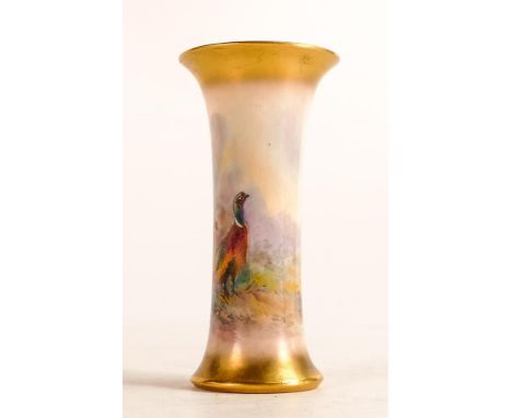 Royal Worcester hand painted vase of trumpet form. Painted with Pheasants in a rural setting. Height: 11.3cm 