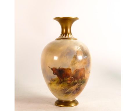 Royal Worcester hand painted vase of ovoid form. Painted with Highland cattle by John Stinton. Height: 17cm 