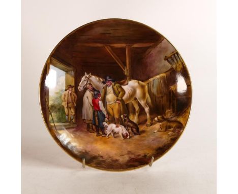 Royal Worcester hand painted circular cabinet plate. Painted with family stable scene with dogs by T. Townsend. Gilt border t