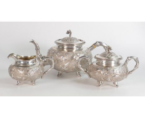 Chinese silver 3 piece tea set, makers mark WH for Wang Hing, probably Hong Kong.  Gross weight 922g. 