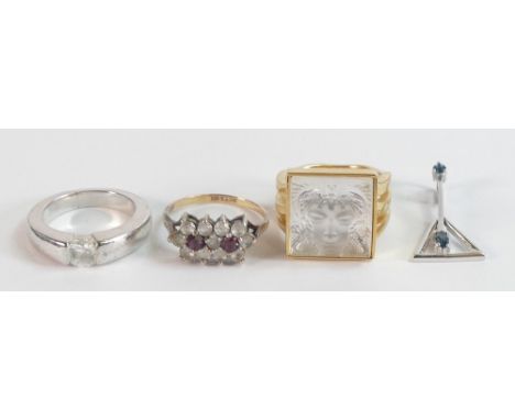 Lalique Arethuse glass &amp; vermeil (gold plated on silver) ring, together with 2 other rings and a silver pendant. Re Laliq