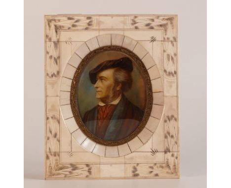 19th century portrait miniature of a Gent in a Beret, in carved bone frame with gilt metal border. Height: 14.6cm x Width: 11