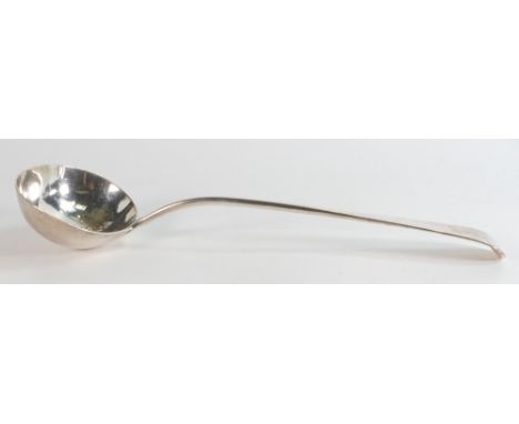 Large &amp; heavy silver soup ladle, well hallmarked for London 1876, length 35cm appx., weight 252g.  Very lightly engraved 