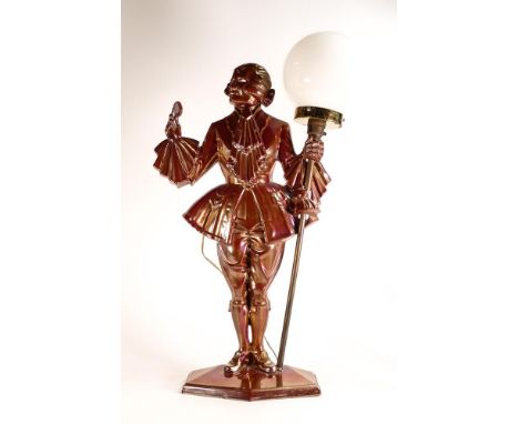 Early 20th century Copper lustred Art Deco lamp in the form of an Dandy in 18th century dress. Fitted with globular white lam