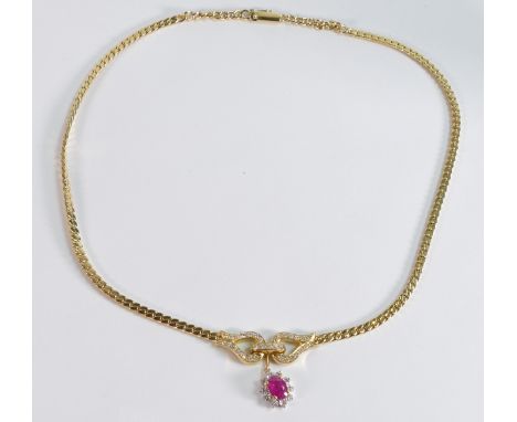 18ct gold ruby and diamond fronted hand made necklet, approx. 1.00ct oval ruby and diamond cluster, length 46cm, 33g. (2011 r
