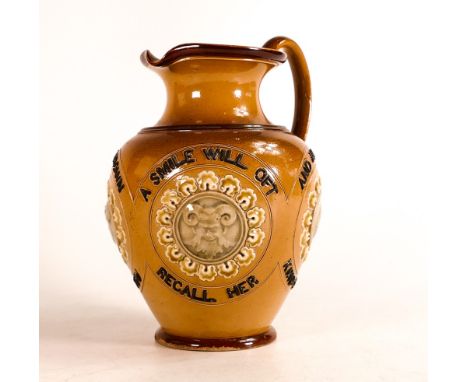 Doulton Lambeth Stoneware ewer, decorated with portrait panels and motto "Take fortune as you find her and if she frown don't