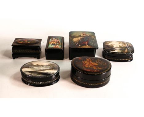 A collection of Russian Lacquer ware boxes, decorated with figural and architectural views. All have signatures, lid loose on