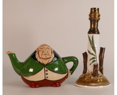 Wileman &amp; Co (Foley) Intarsio character tea pot, Kruger pattern 3246 and Foley lamp base, bamboo shape, pattern 6972 (2) 