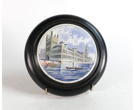 Rare Prattware titled pot lid, 'The New Houses of Parliament Westminster'. Painted with view from the Thames River populated 