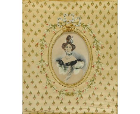 Victorian portrait watercolour in embroidered quilted mount, frame size 32cm x 27.5cm 
