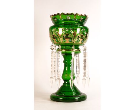 Victorian green glass Lustre with enamel and gilt decoration, with 8 two section droppers. Height: 36.8cm 