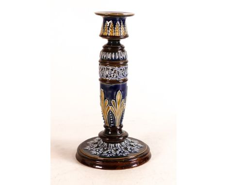 Doulton Lambeth candlestick, decorated all around with foliage, h.20.5cm, 3 small chips to base edge. 