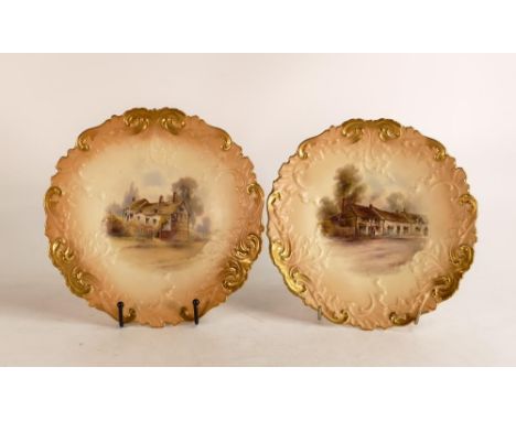 Two Royal Worcester hand painted Blush Ivory plates. Painted with titled Scenes, 'Birthplace of Shakespeare' by J Stinton and