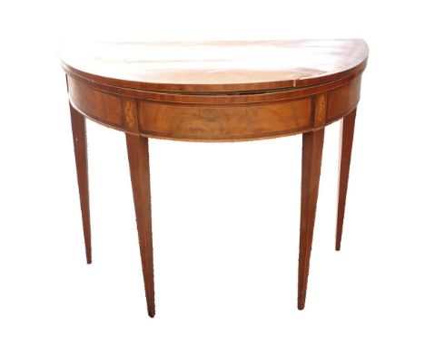 Georgian Mahogany inlaid D-end fold over card table, beige interior, w.91cm x h.74cm x d.45cm.Slightly warped top with split 