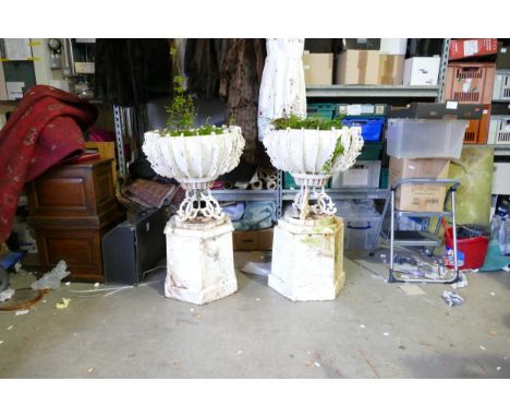 Pair of Arts &amp; Crafts unusual garden planters, cast iron bases and architectural metal upper sections (some minor damage)