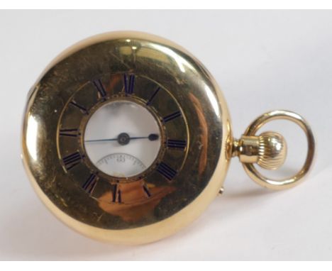 18ct gold hallmarked cased keyless half hunter pocket watch by Benson, London.  Very minor denting to rear of case, engraved 