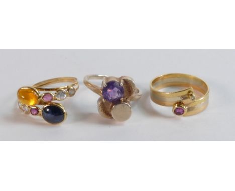 Three gem set rings - diamond &amp; ruby three colour gold set size L/M 3.6g high carat, multi gemstone 18ct gold ring size N