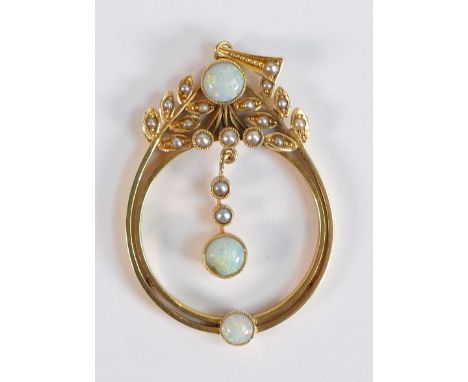 15ct gold opal and seed pearl pendant, 4.2g. 