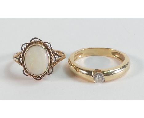 Two 9ct gold rings - Opal hallmarked size K, and an unhallmarked ring set white stone, tested as 9ct, size O. Gross weight 6.