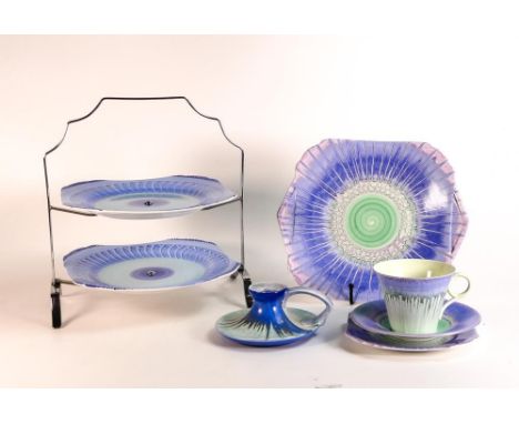 A collection of Shelley Blue coloured Harmony patterned Drip ware including Regent shaped trio, candlestick &amp; two tier ca