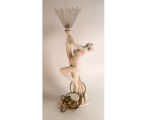 Art Deco plaster lamp in the form of a nude female figure with frosted glass shade. Height incl. shade: 67.5cm 