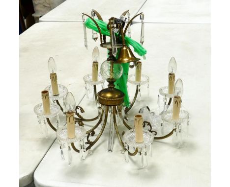 Large Brass &amp; cut glass eight branch ceiling lamp chandelier, five mid arm droppers detached, one dropper missing. Diamet