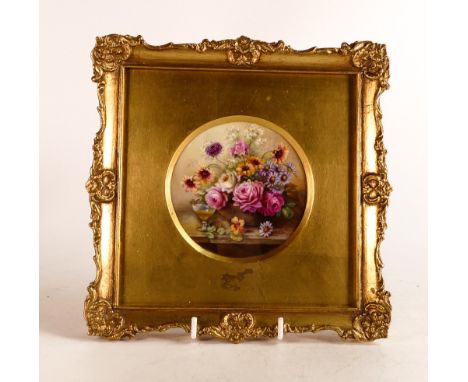 Royal Worcester plaque, finely hand painted with flowers by E Phillips, mounted in gilt frame, overall 21 x 21cm. 