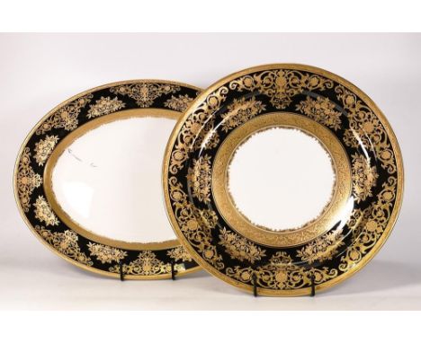 Two De Lamerie Fine Bone China heavily gilded Exotic Garden pattern oval platter 40cm &amp; similar circular item 33cm, speci