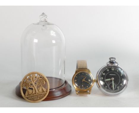 A collection of items including Ingersoll pocket watch, Accurist Antimagnetic mechanical wristwatch, small glass dome etc. (4