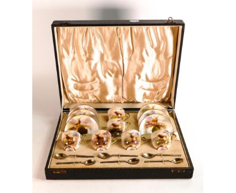 Royal Worcester coffee set, hand painted stags &amp; deer by H Stinton, in original presentation box with hallmarked silver s