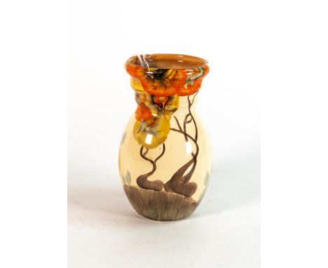 Clarice Cliff, small vase in the 'Rhodanthe' pattern, shape no.891 hand painted in brown and orange shades depicting stylised