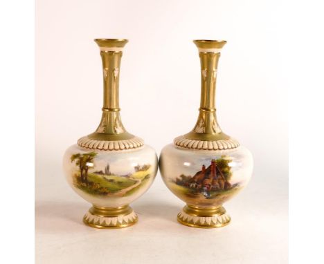 Pair of Royal Worcester hand painted bottle vases. Painted with rural cottage scenes. Blush Gilt to base, neck and rim. Heigh