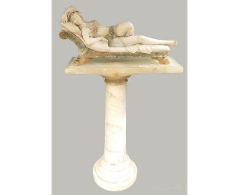 19th century large Art Nouveau marble/alabaster figure of reclining glamorous lady.  Two colour marble/alabaster with some si