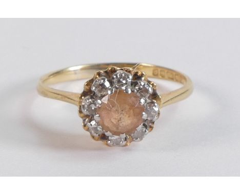 18ct gold ladies dress ring set with light brown centre stone surrounded by diamonds, size P, 3.3g. 