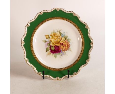 Royal Worcester hand painted cabinet plate. Painted with Rose floral spray by E. Barker. Green ground border and raised gilt 