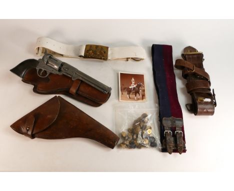 A collection of Military themed items to include leather and Brass Sam Brown type belt, Lifeguard Cavalry belt, RAF Stable be