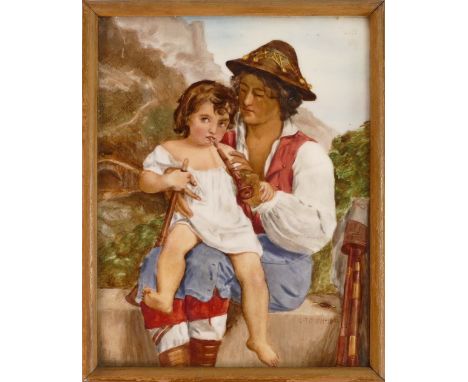 A Howell &amp; James' Art-Pottery Exhibition 1884 framed plaque 'Secon de Muselle' depicting a Tyrolean man with child, signe