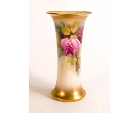 Royal Worcester hand painted Blush Ivory trumpet vase. Painted with Rose sprays by E Farley. Shape no.923, puce mark. Height: