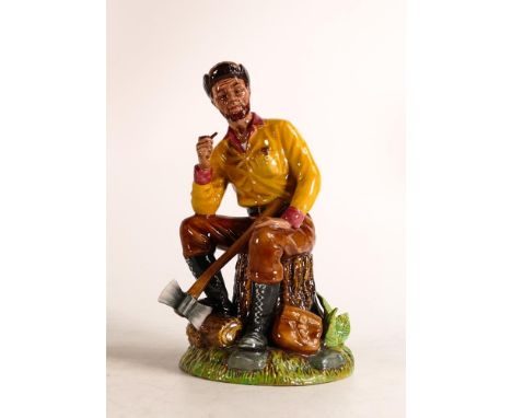 Royal Doulton prototype figure of Lumberjack, gentleman seated on tree stump with pipe, bag and axe, impressed model number, 