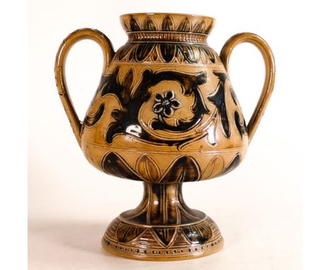 Arthur Barlow for Doulton Lambeth, a Stoneware two handled vase, decorated with scrolling foliage on light brown ground, h.21